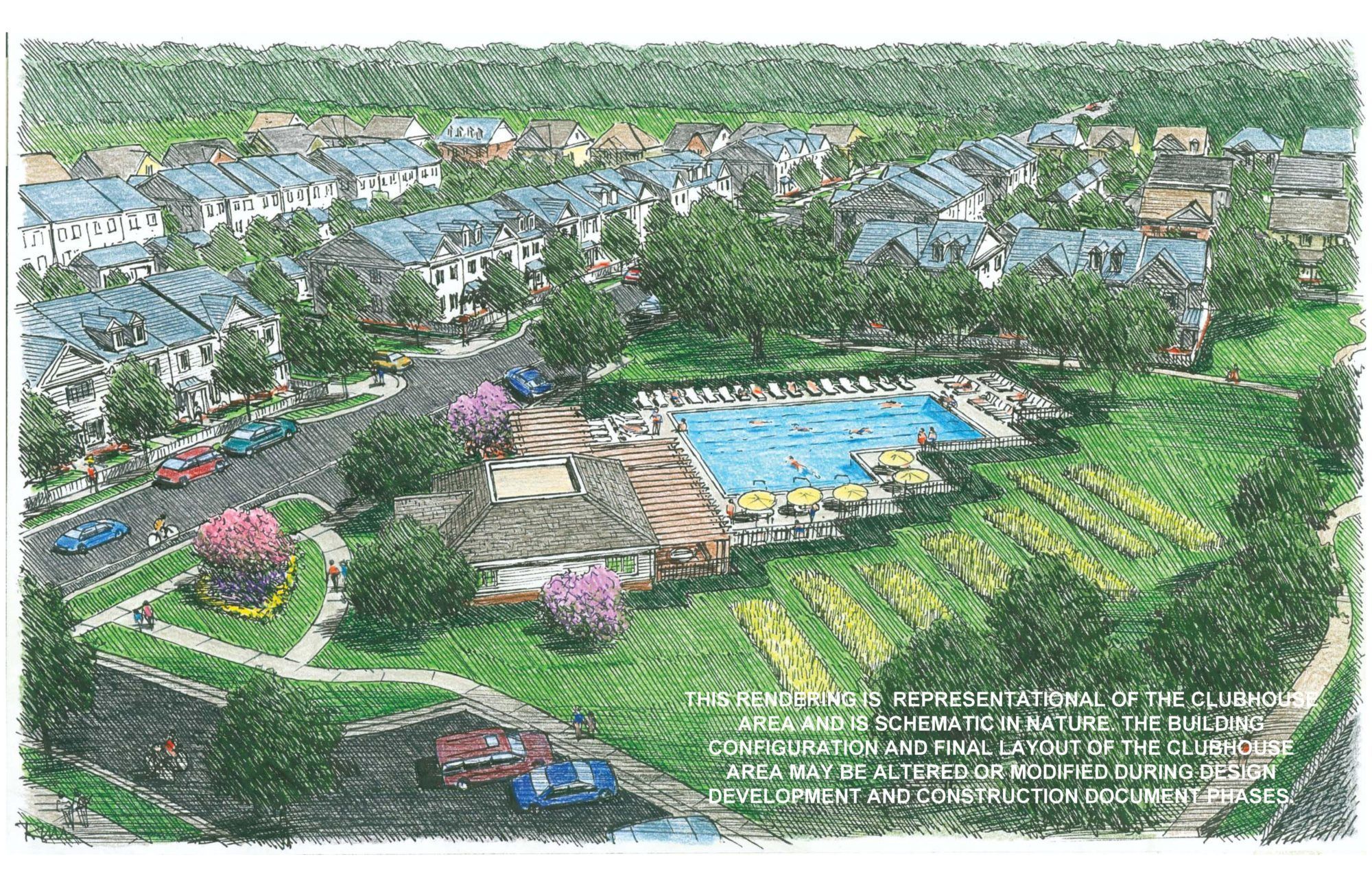 Rendering of the clubhouse and pool of Westbranch in Davidson