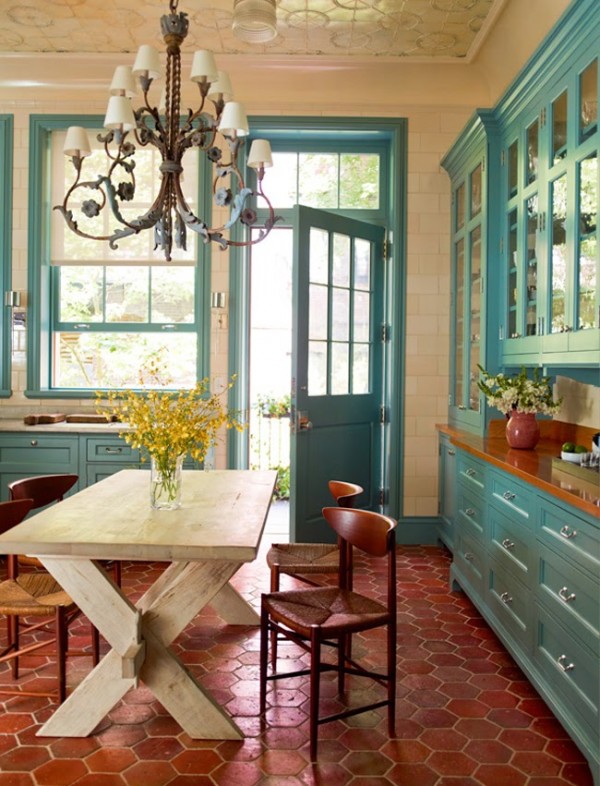 The Kitchen Cabinet Colors Taking Over Pinterest Cameron Team Sawyer Berson Teal And Rust Kitchen