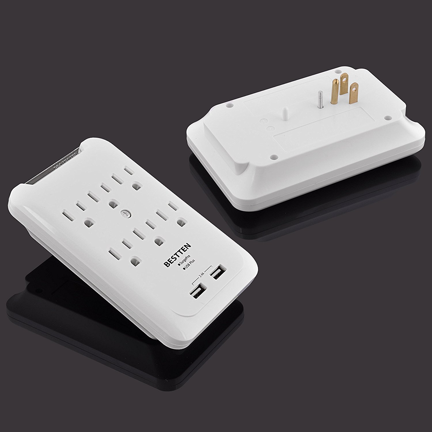 Bestten 6-Outlet Surge Protector Wall Mount Adapter with 2 USB Charging Ports