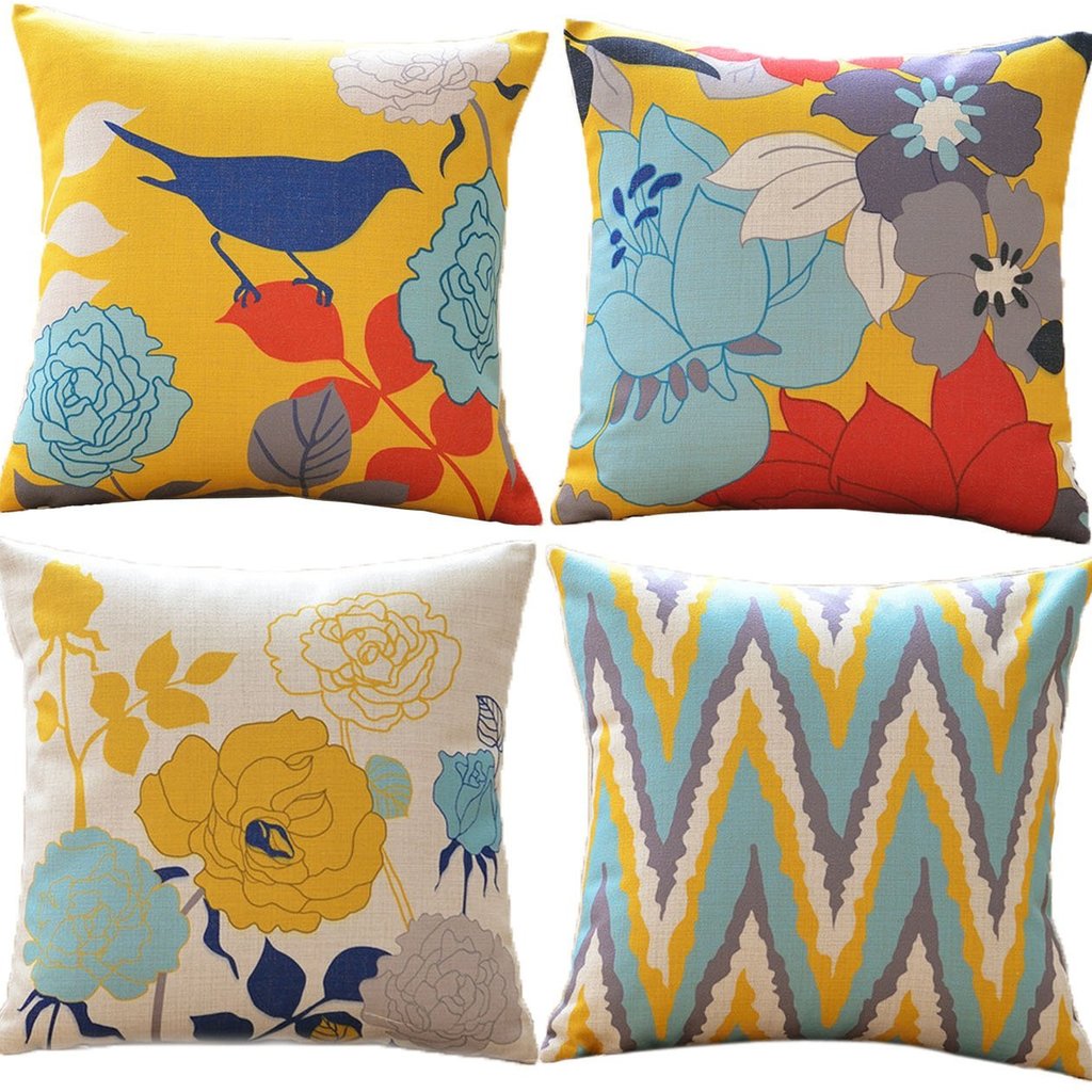 Birds and Flowers - 18in x 18in - Sykting Cotton Linen Throw Pillow Covers Set