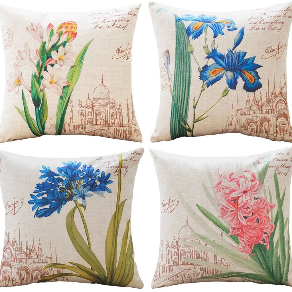 Flower Printing - 18in x 18in - Sykting Cotton Linen Throw Pillow Covers Set